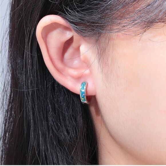 14K White Gold with Genuine Green Fire Opal Huggie Hoop Snap Hinge Earrings - Picture 5 of 5